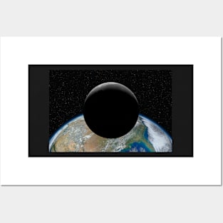 Crescent Moon in front of Planet Earth against dark starry sky Posters and Art